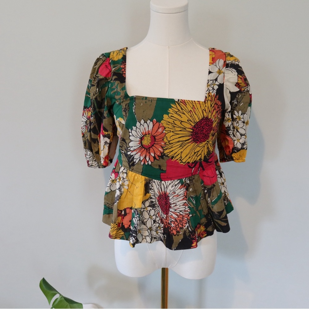 MOTHER Floral Square Neck Puff Sleeve Peplum Top
